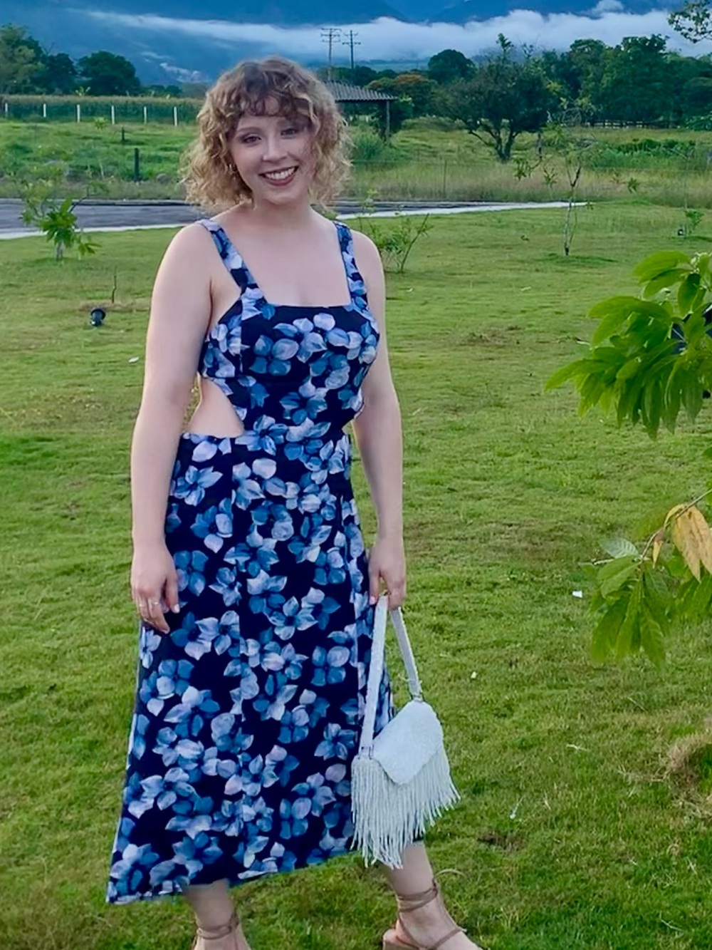 Reformation Navy Floral Backless Maxi Dress with Light Blue Blooms